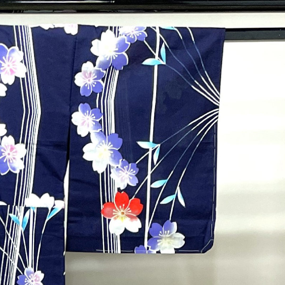Yukata with basting thread, unused, dark blue, cherry blossom, cotton, S rank, single layer, length 165.5cm, sleeve length 64.5cm, navy blue, 1118002342518