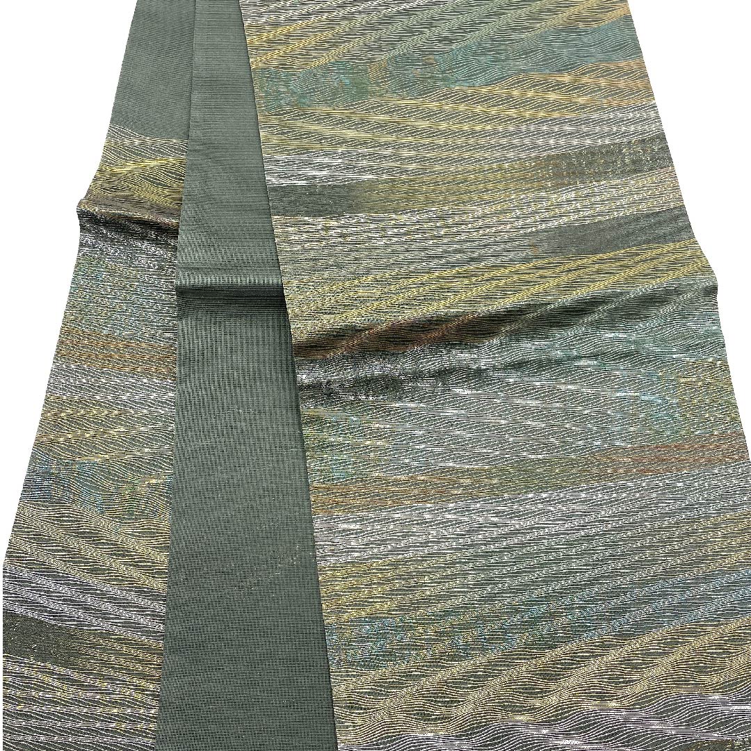 Fukuro Obi Minato Susutake Iro (Minato Susutake Iro) Summer Obi Horizontal Stripes Abstract Pattern Obi Length 428cm Pure Silk S Rank Six-Pass Semi-Formal Green 1123007262319