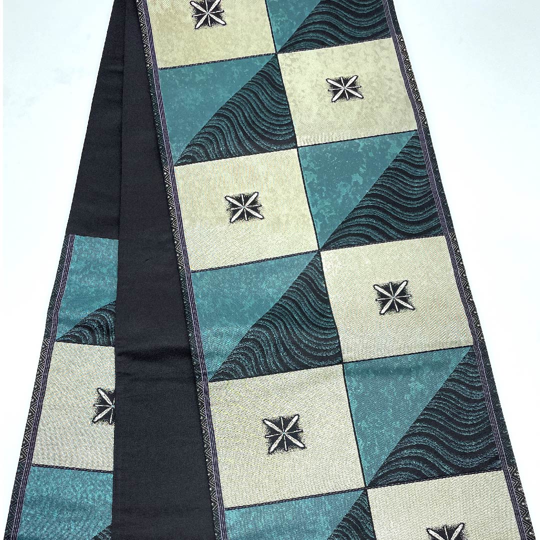 Fukuro Obi Deep Indigo Checkered Pattern Star Wave Length 427cm Pure Silk A Rank Six-way Semi-formal Green 1123009003319