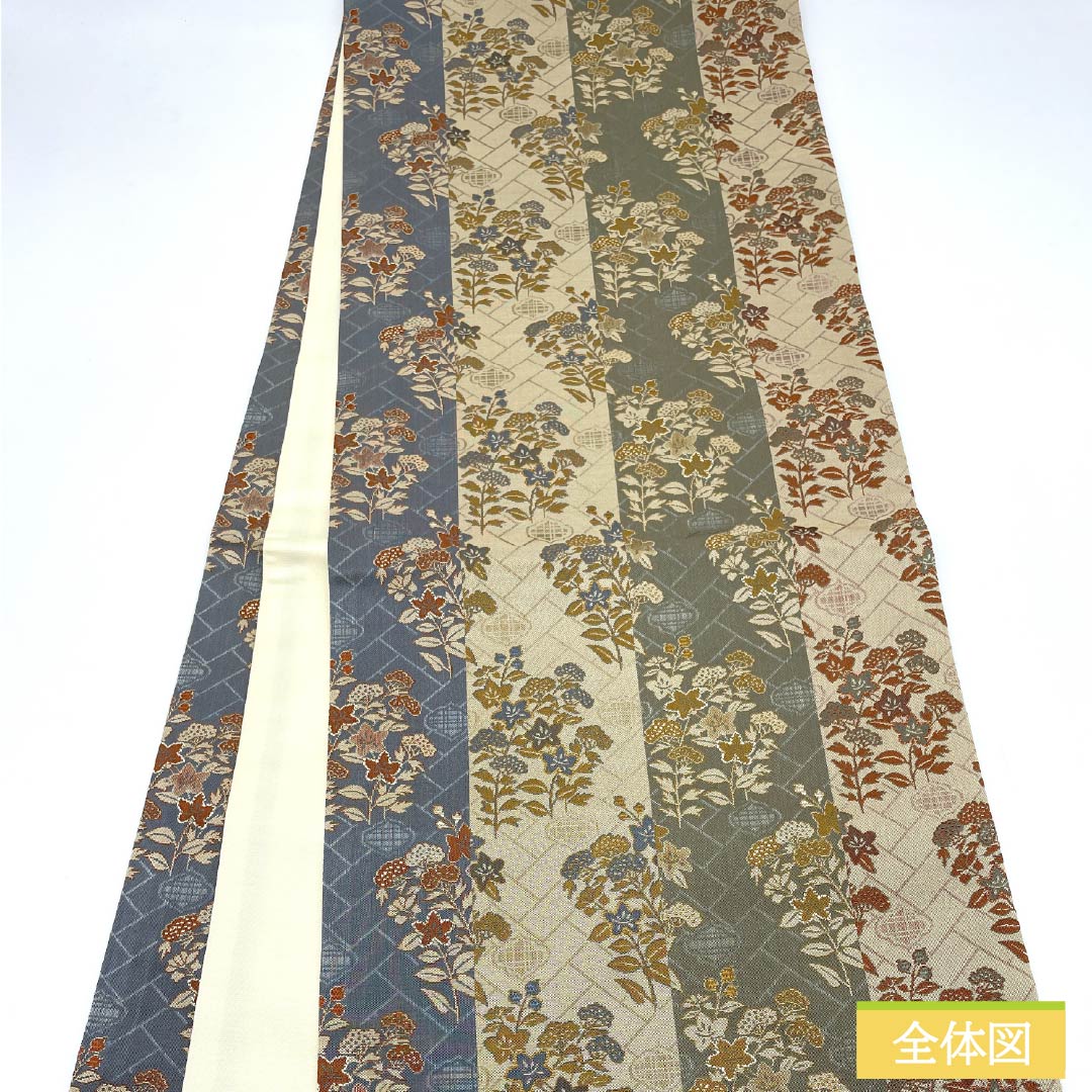 袋帯 正絹 蕎麦切色（そばきりいろ） 花模様 檜垣 京袋帯 帯丈372cm Sランク 全通 カジュアル ベージュ系 1123012792325