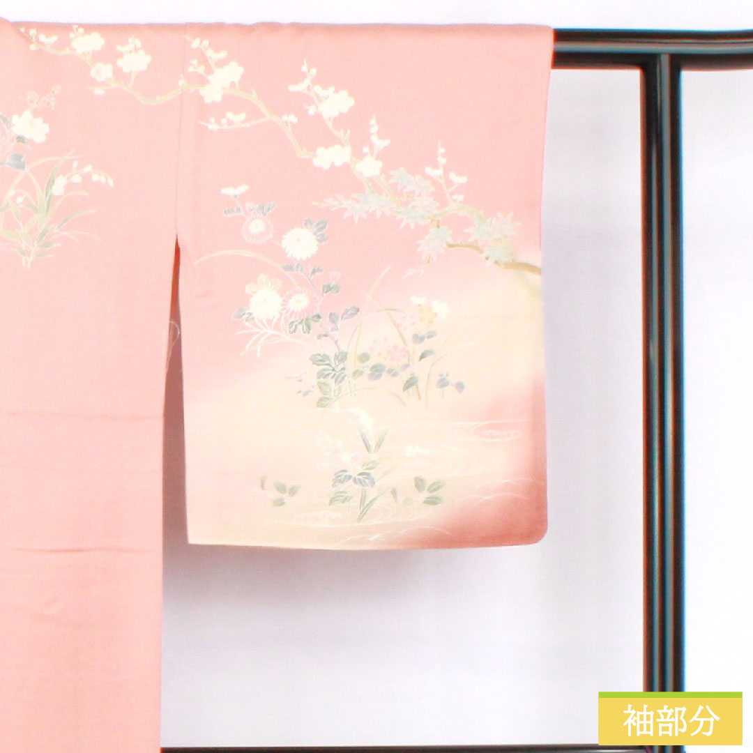 Homongi, pure silk, lined, length 162cm, sleeve length 64cm, Shinonome-iro, Kyoto Yuzen, floral pattern, with basting thread, S rank, pink, 1112005692413