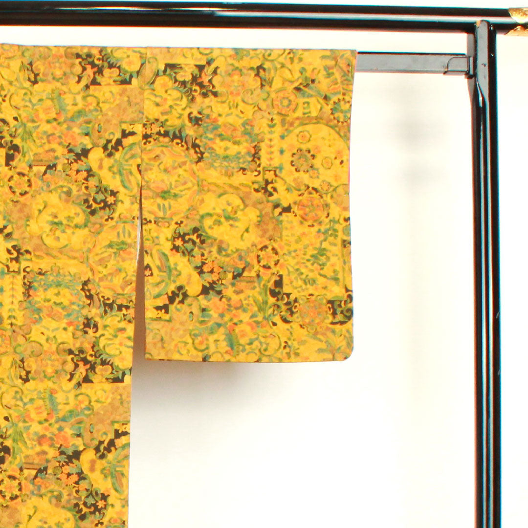 Komon, Length 151cm, Sleeve length 57cm, Awase, Ochre, Sarasa pattern, Pure silk, S rank, Yellow 1115002442223