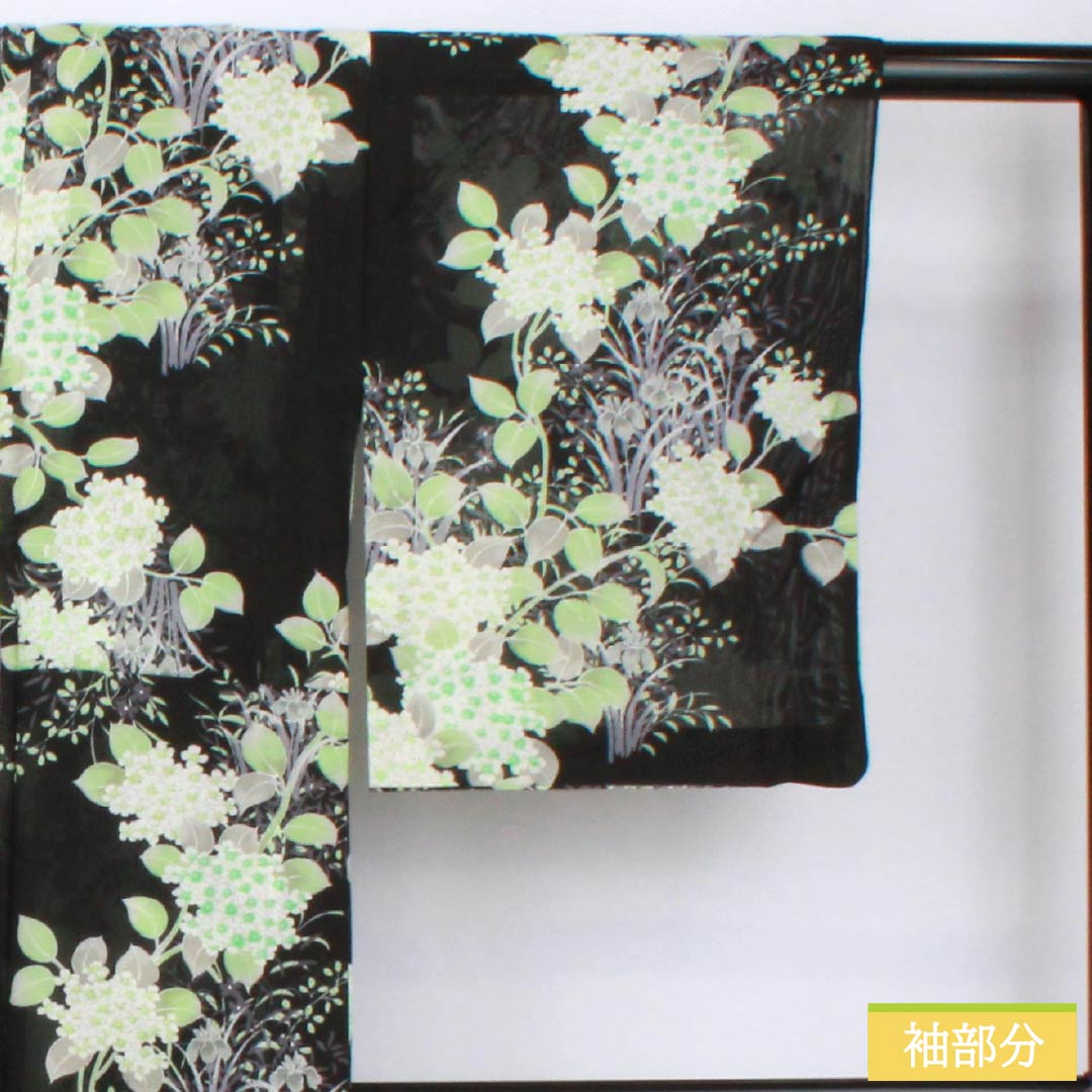 Summer kimono, polyester, small pattern, length 167cm, sleeve length 63.5cm, hydrangea, iris, washable kimono, silk, A rank, black, 1132002283510