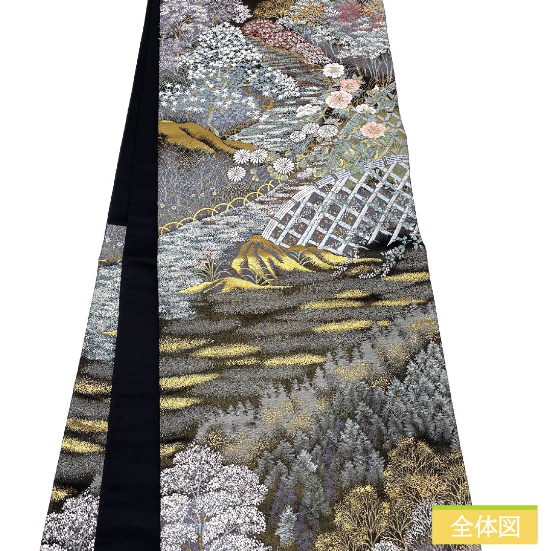 袋帯 正絹 黒色（くろいろ） 九百錦 高原有情 風景 花模様 帯丈426cm Sランク 六通 フォーマル 黒系 1123012042310