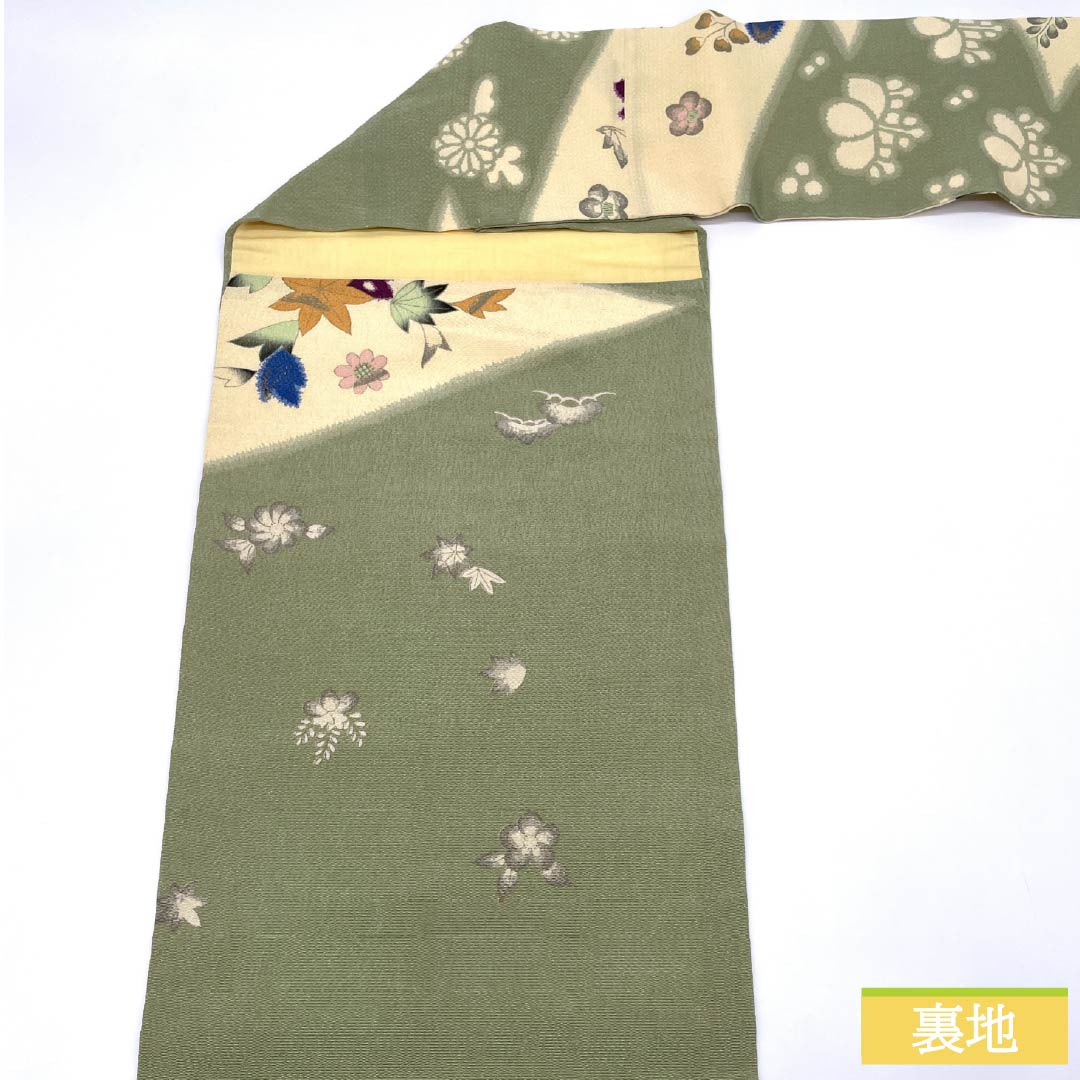名古屋帯 正絹 Aランク 柳茶色（やなぎちゃいろ） ちりめん地 辻ヶ花 染め帯 帯丈347cm ポイント柄 カジュアル 緑系 1124009183319 名古屋仕立て