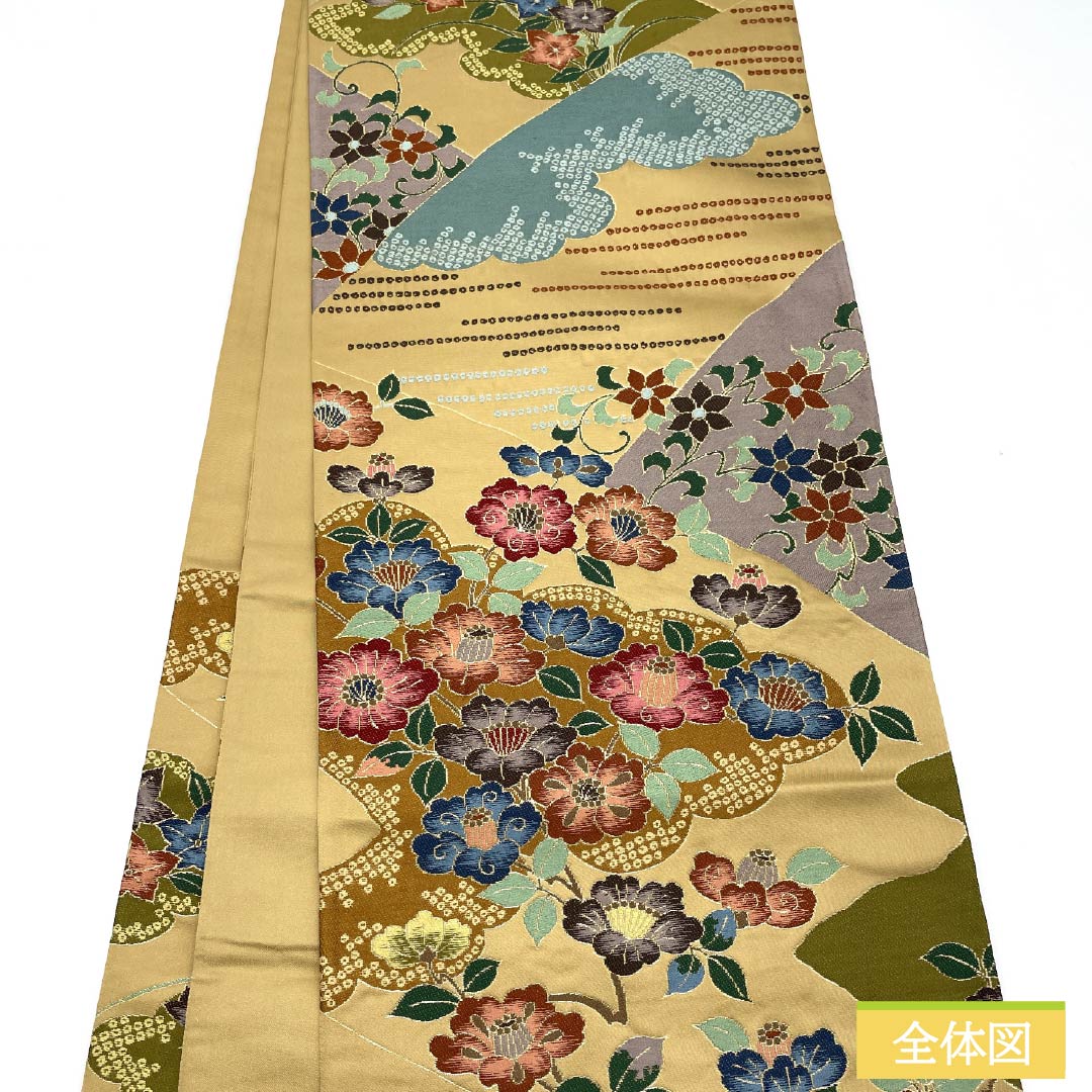 Formal beige obi, pure silk, golden yellow, by Hakuryoen Oba, featuring peony and bellflower designs, suitable for formal kimono (tomesode). Length: 434cm, S rank, six-fold hem. Product code: 1123014192325.