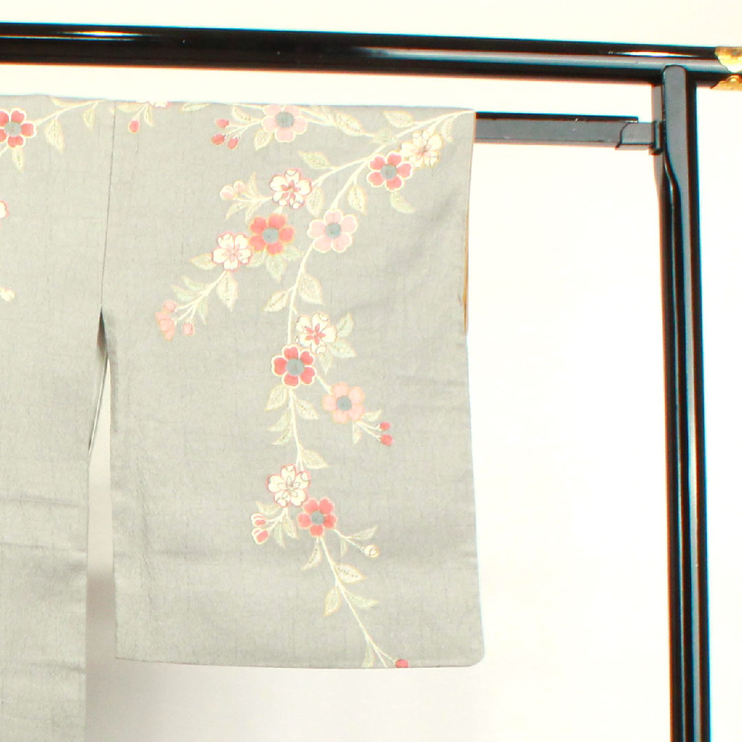 Homongi, pure silk, lined, length 166cm, sleeve length 66cm, mercury color, Kyo-Yuzen, Tsujigahana, S rank, gray, 1112003062522
