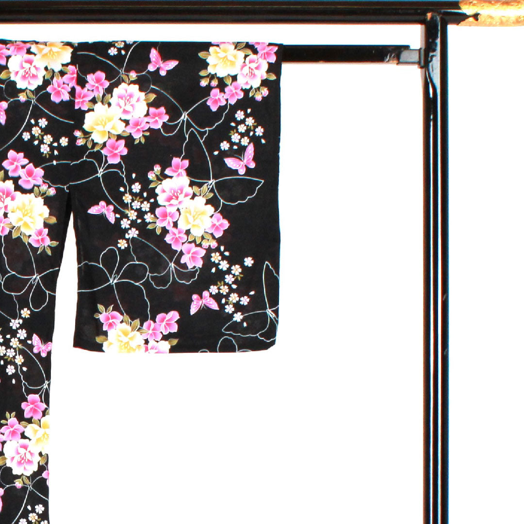 浴衣 花模様 木綿 Sランク 単衣 身丈161cm 裄丈60cm 黒系 1118000932410