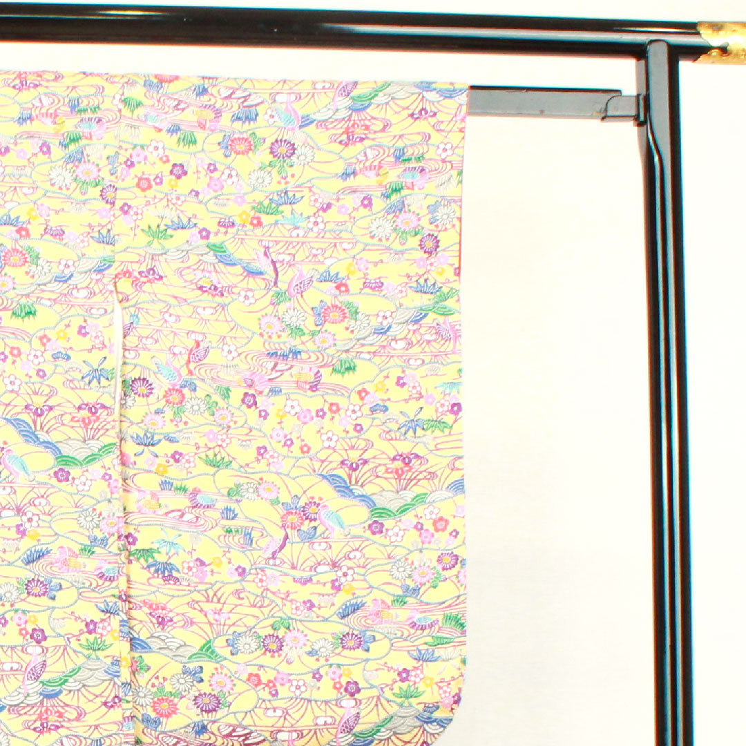 小紋 身丈161.5cm 裄丈65cm 袷  しつけ糸付き 未使用品 薄柑子色 型染 吉祥文様  正絹 Sランク 黄系 1115003392423