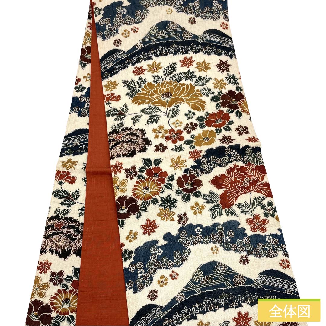 名古屋帯 正絹 Ｓランク 開き仕立て 練色（ねりいろ） 型染 草花模様 花柄 帯丈372cm 全通 カジュアル クリーム系 1124012172315