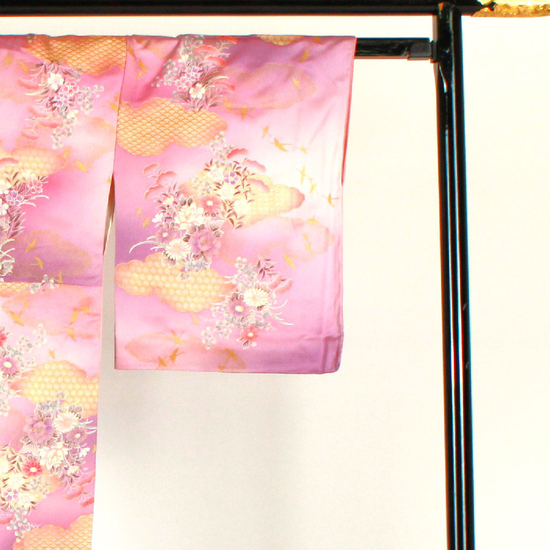 小紋 身丈158cm 裄丈65cm 袷  洗える着物 雲取り 草花模様  ポリ Aランク 紫系 1115001623320