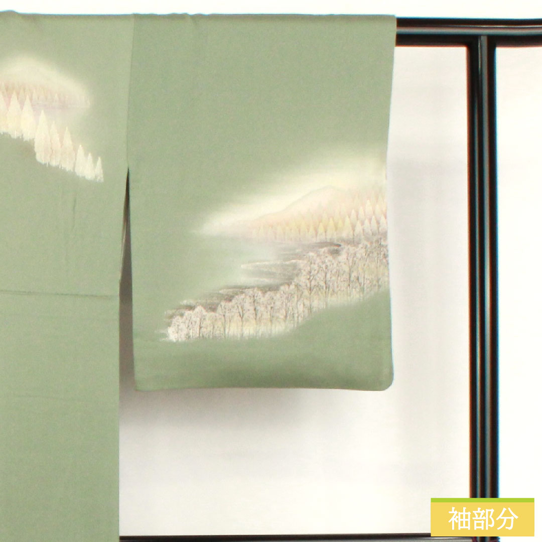 Homongi, pure silk, lined, length 162.5cm, sleeve length 65cm, leaf color on the back, landscape pattern, A rank, green, 1112005853419