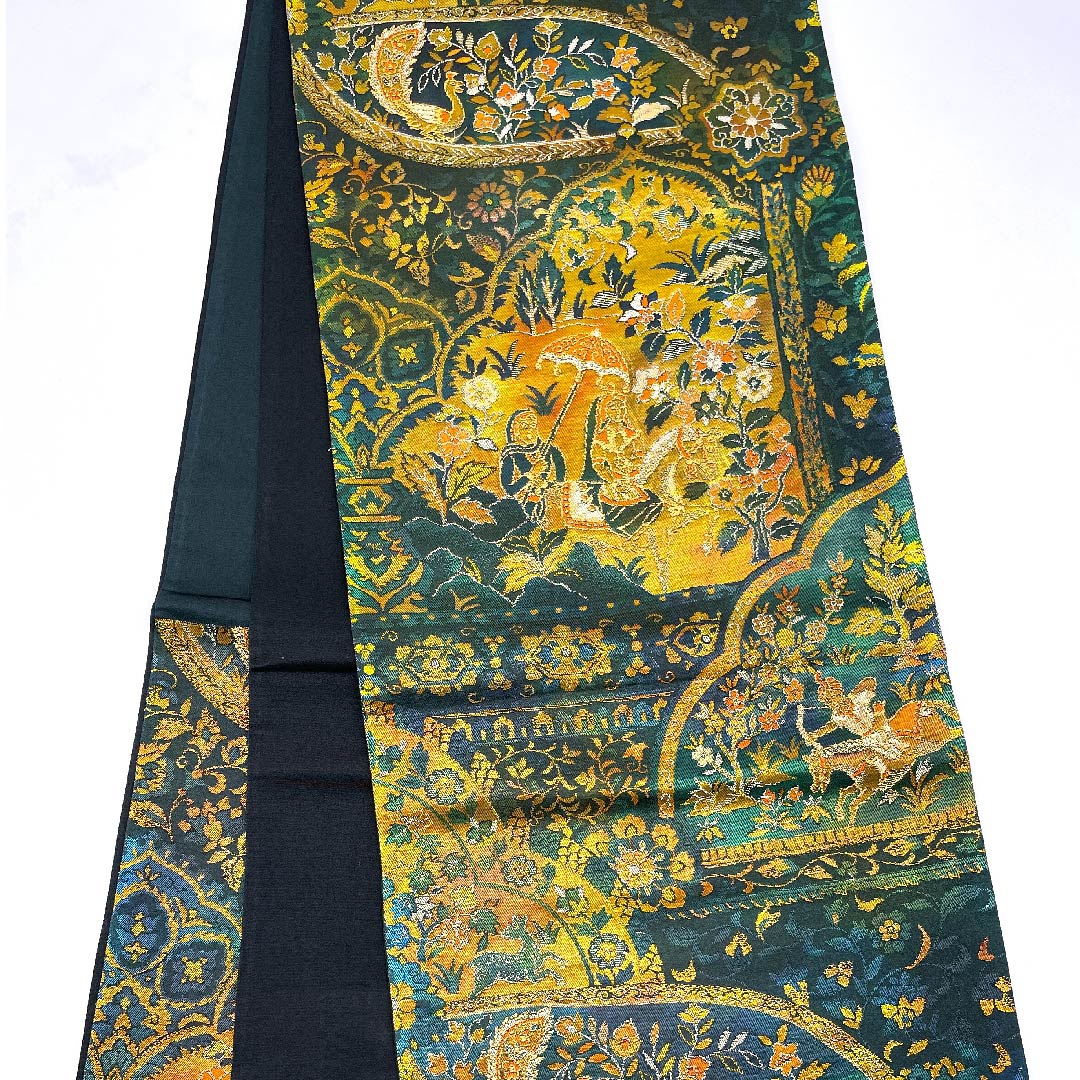 袋帯  ペルシャ模様 玉虫色 帯丈417cm 正絹 Sランク 六通 セミフォーマル 緑系 1123008432319