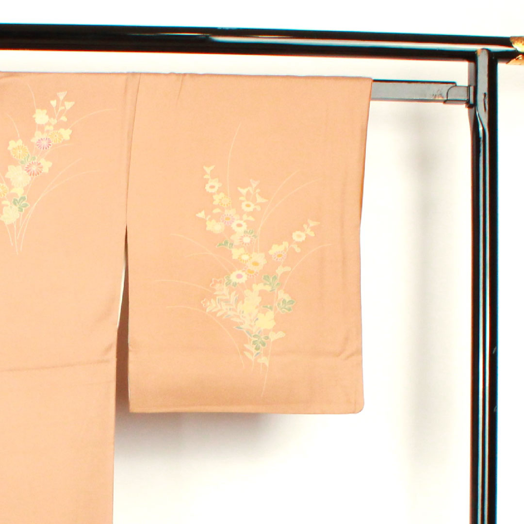 Homongi, lined, length 159cm, sleeve length 64cm, Shiba dyeing, floral pattern, pure silk, S rank, brown, 1112001582314