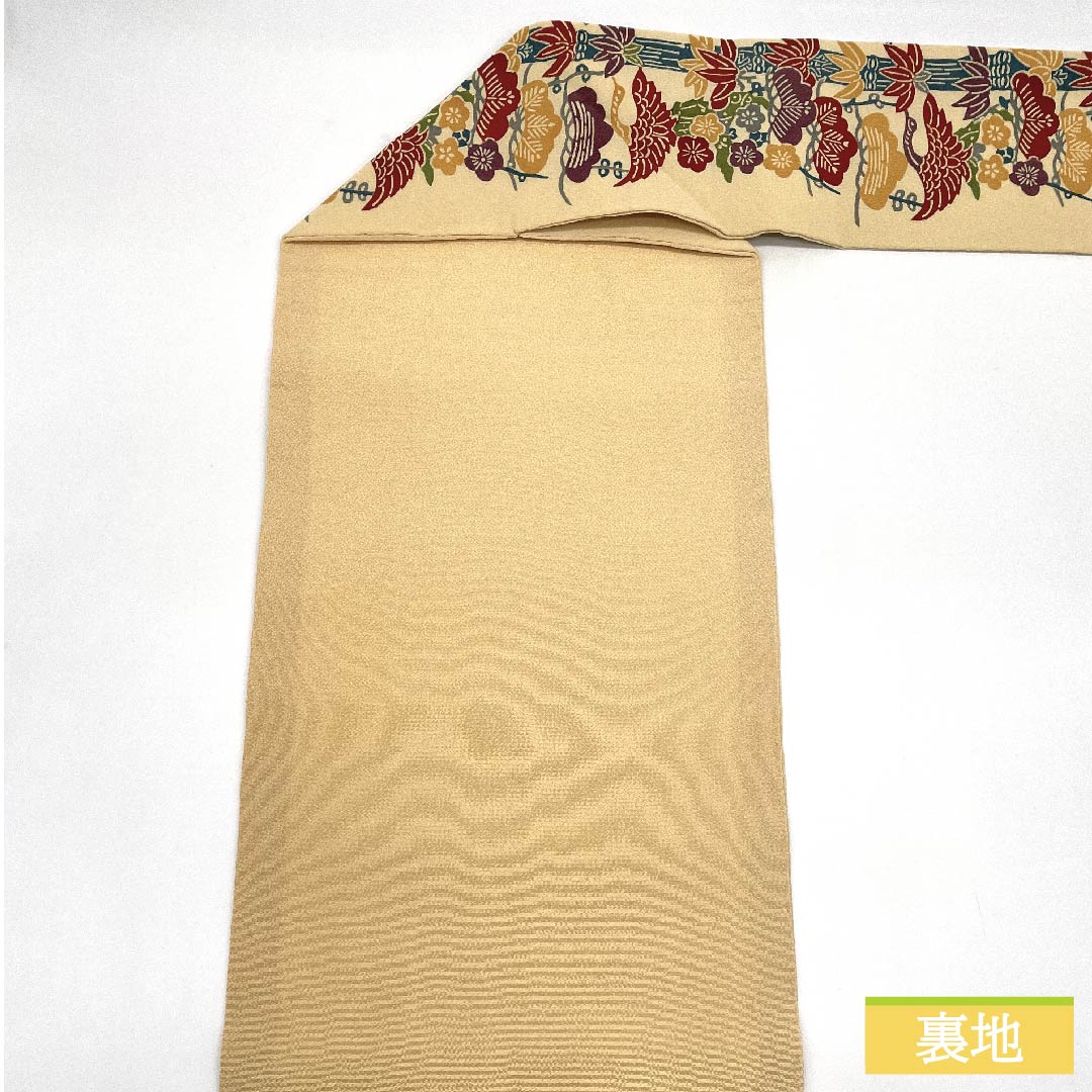 Nagoya obi, Koji-iro, Pine, Bamboo, Plum, Marshmallow, Bingata pattern, Length 360cm, Pure silk, S rank, Full length, Casual, Cream color, 1124006472315, Nagoya style
