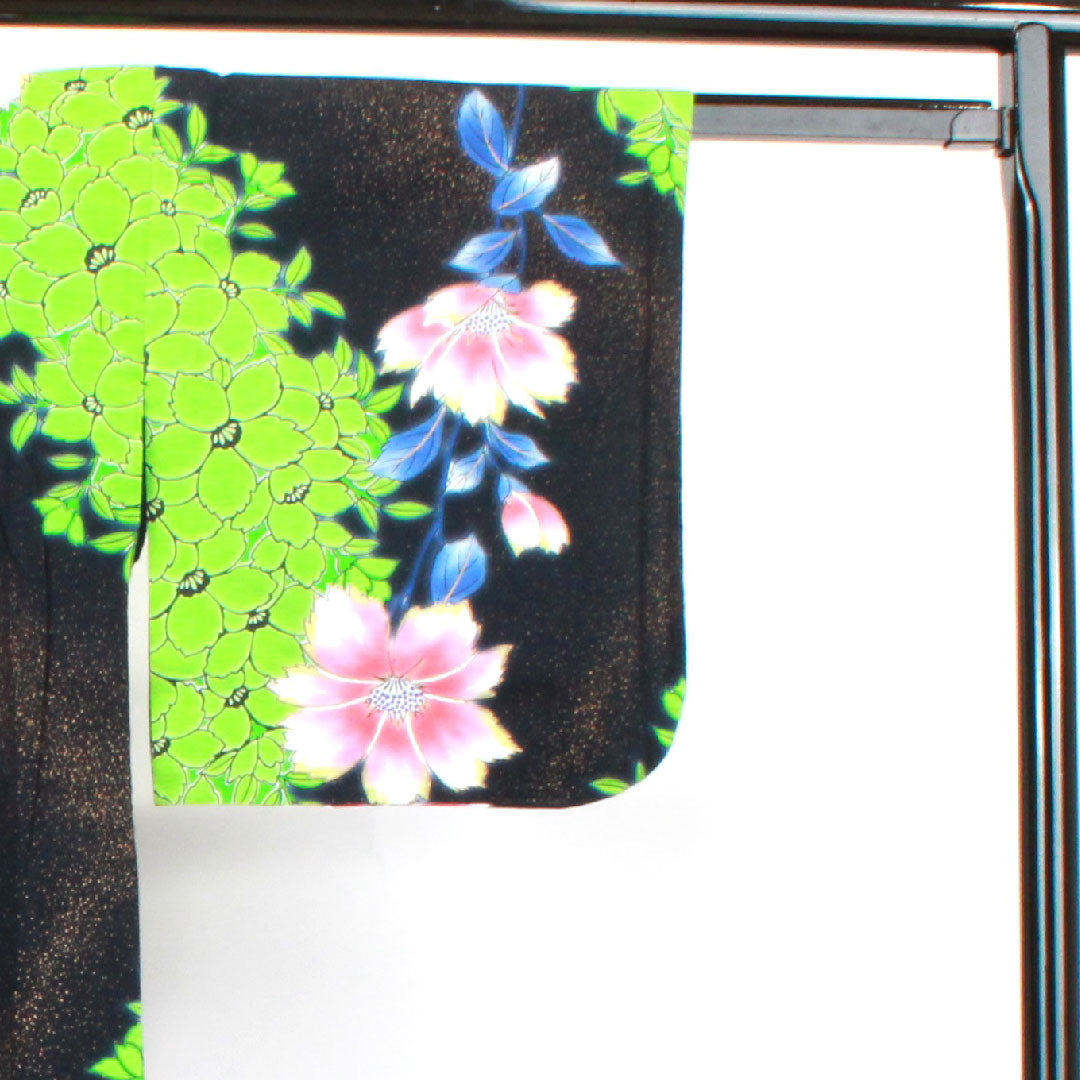 Yukata, floral pattern, cotton, S rank, single layer, length 159.5cm, sleeve length 65cm, black, 1118003332310