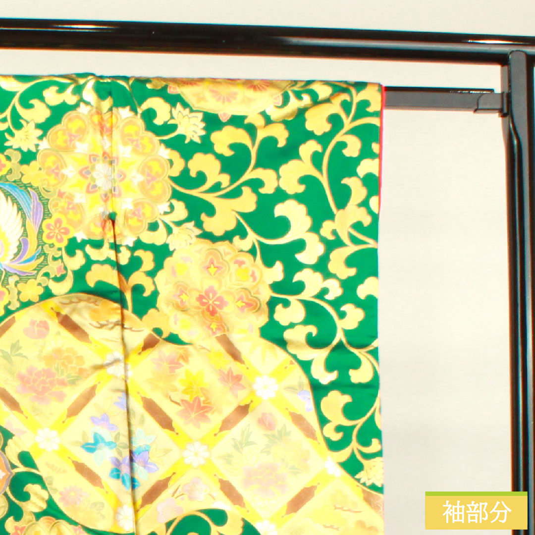 Colored uchikake, pure silk, length 196cm, sleeve length 68.5cm, gold leaf finish, phoenix, cloisonne, floral pattern, auspicious motif, S rank, lined, green, 1110000692919