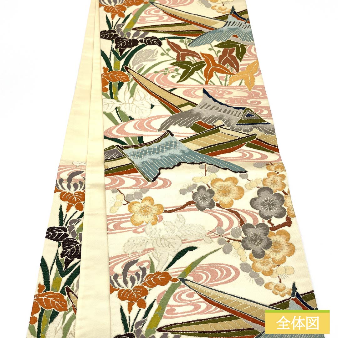 Fukuro Obi (Sash) - Pure Silk - Natural Color (Kinari-iro) - For Furisode - Shirayaen Oba - Fune (Plum) - Obi Length: 436cm - S Rank - Six-way - Formal - Cream Color - 1123013852315