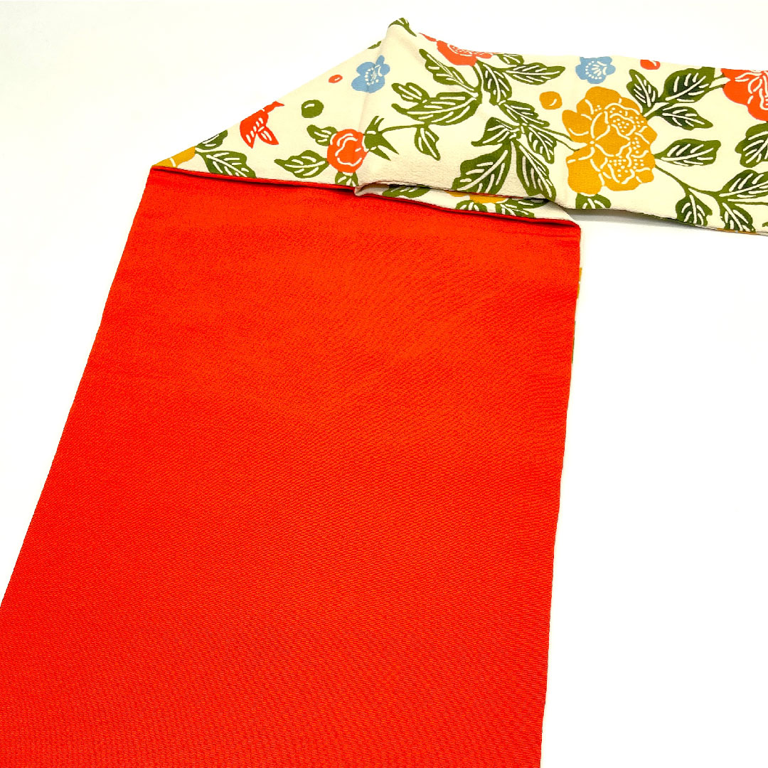Nagoya obi, stencil-dyed obi, flower and bird pattern, obi length 378cm, pure silk, A rank, full length, casual, cream color, 1124002033315