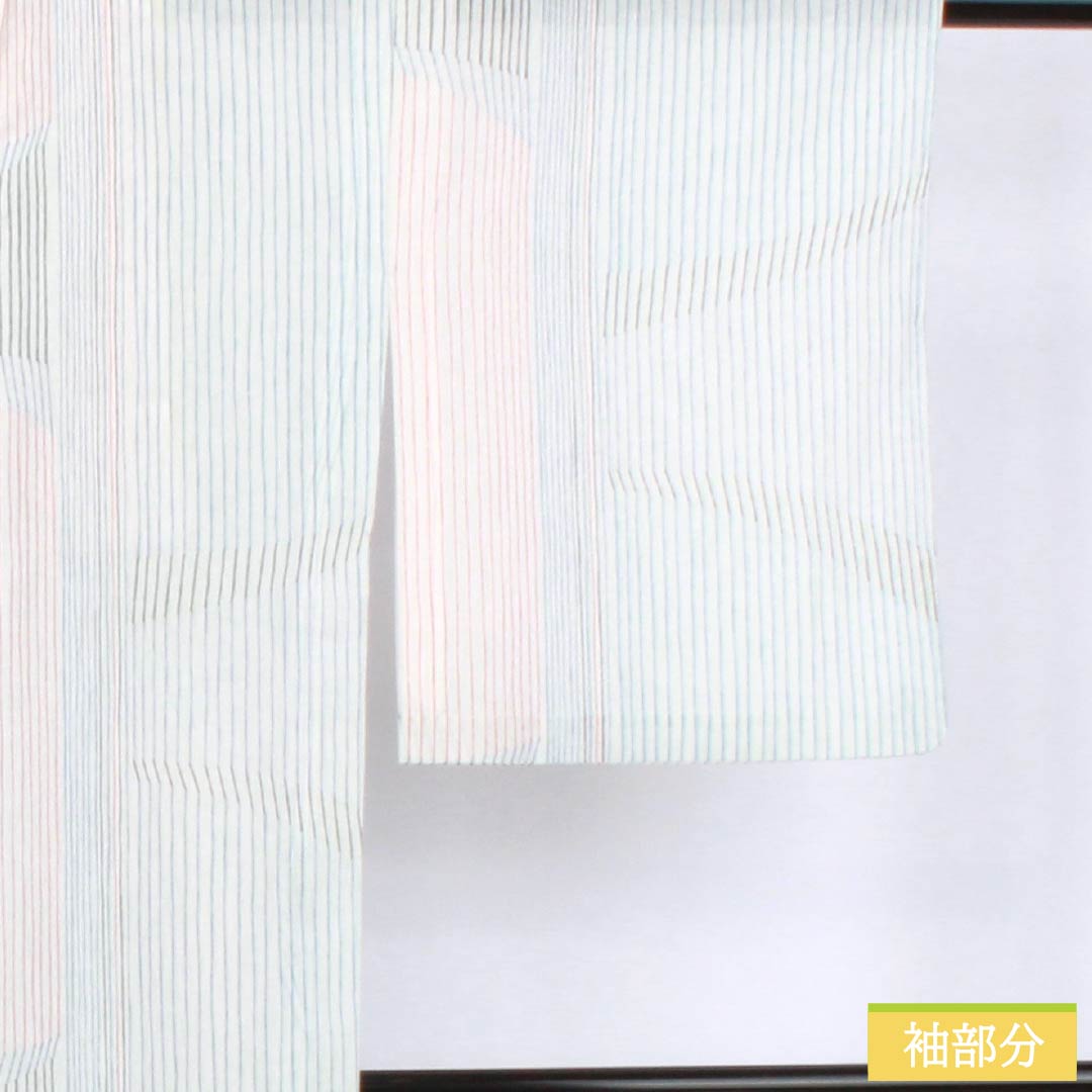 Summer polyester komon kimono, length 157.5cm, sleeve length 64.5cm, striped, washable, embroidered, gauze, S rank, white, 1132002552311