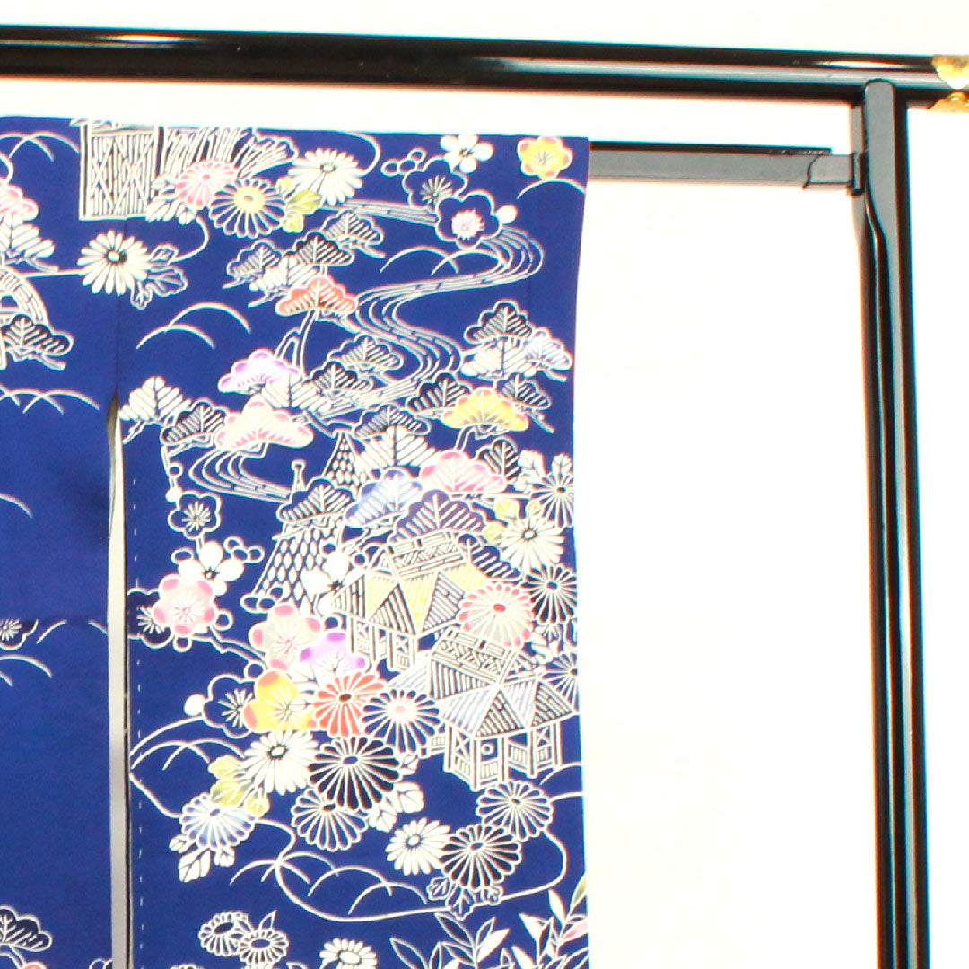 振袖 身丈161.5cm 裄丈64cm 袷  紺桔梗色 京紅型 松竹梅 菊 葵  正絹 Aランク 紺系 1113001593418