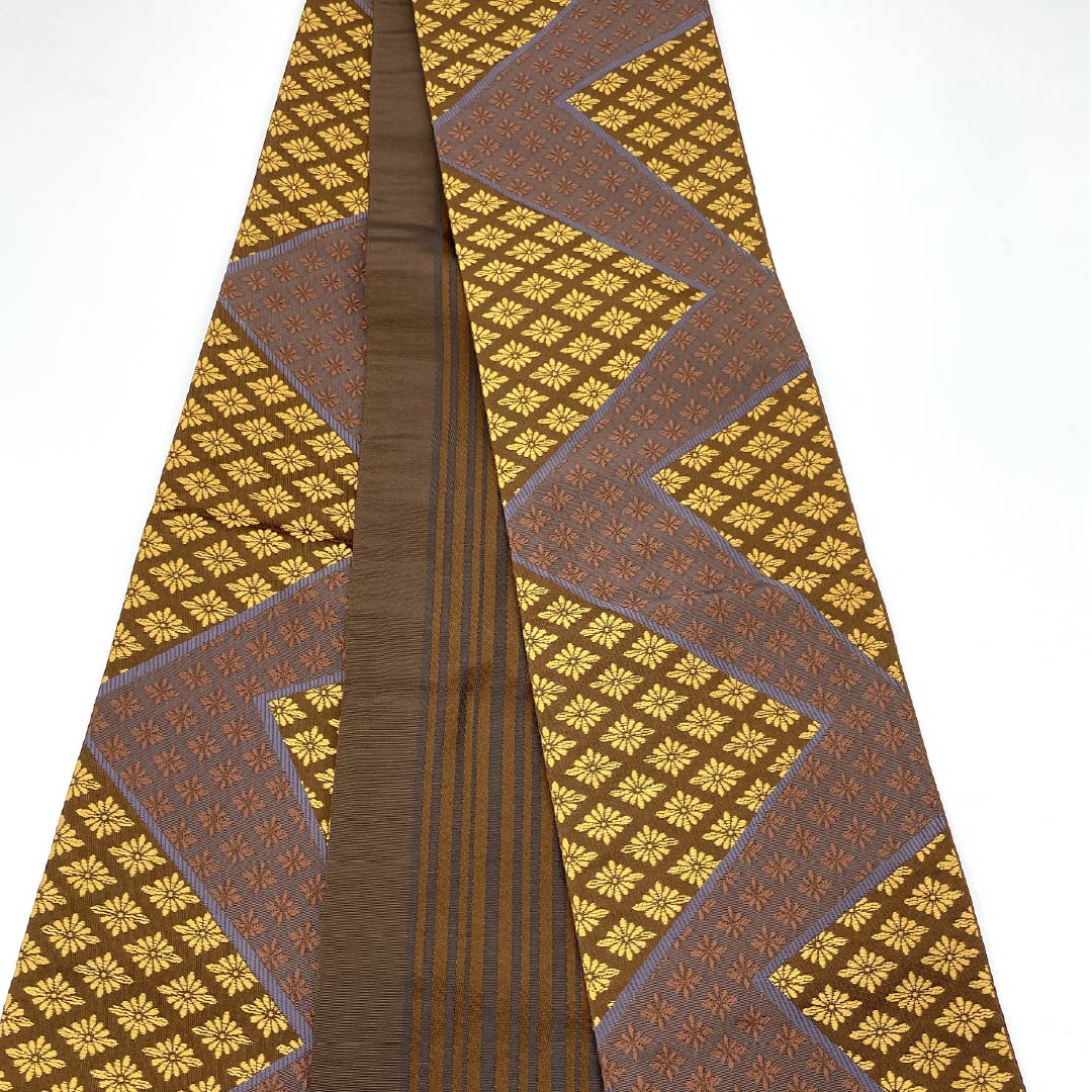 [Unfinished] Half-width obi, polyester, S rank, yokan-iro (dark reddish-brown), kiku-hishi pattern, obi length 400cm, brown tones, 1125001772414