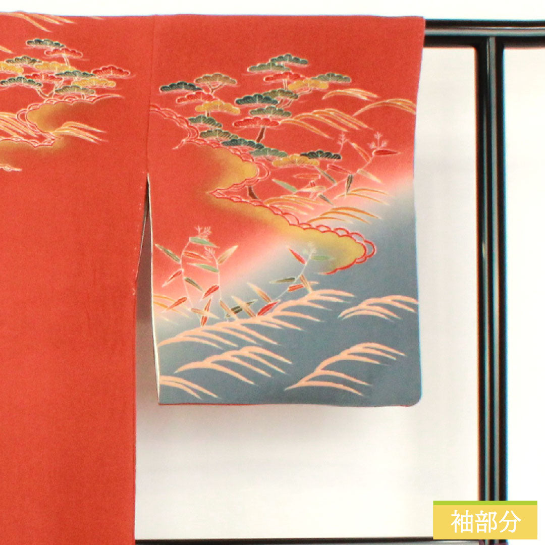訪問着 正絹 袷 身丈165.5cm 裄丈65cm 弁柄色（べんがらいろ） 京友禅 茶屋辻風景模様 ちりめん地 Aランク 朱系 1112005923516