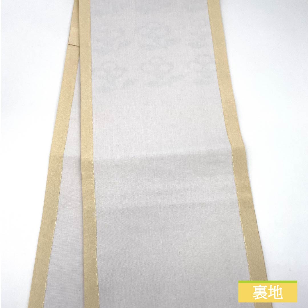 名古屋帯 ポリエステル Sランク 鳥の子色（とりのこいろ） 型染 ちりめん地 椿 帯丈372cm ポイント柄 カジュアル クリーム系 1124010812315 開き仕立て