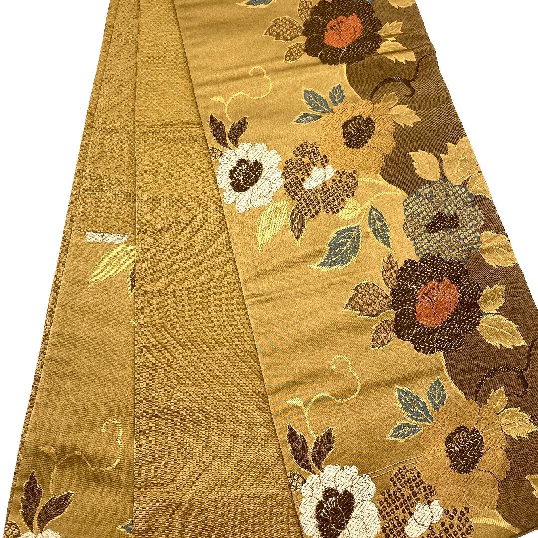 名古屋帯 京袋帯 煙草色 草花模様 帯丈362cm ポリ Sランク 六通 セミフォーマル 茶系 1124003292314  開き仕立て