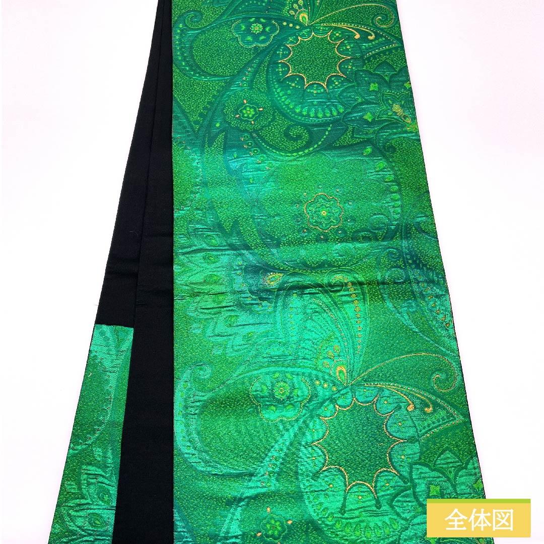 Fukuro Obi, pure silk, turquoise, butterfly, abstract flower, obi length 436cm, S rank, six-way, formal, green, 1123011942319