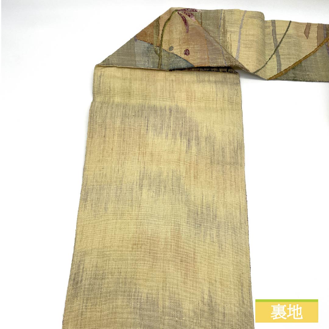 Nagoya obi, Torinoko color, Tsumugi fabric, abstract floral pattern, geometric pattern, obi length 368cm, pure silk, S rank, six-pass, casual, beige, 1124008232325, Nagoya style