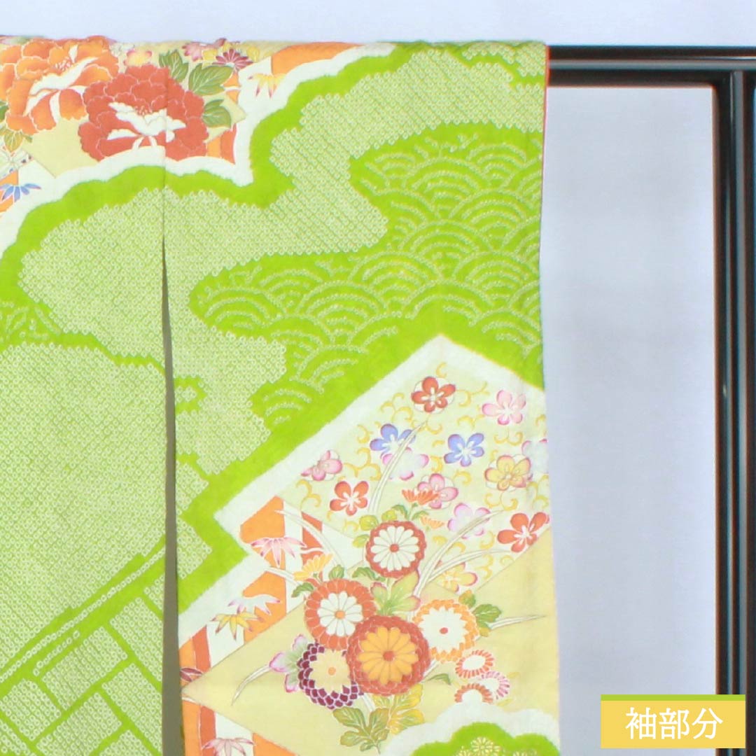 Furisode Pure Silk A Rank Length 167.5cm Sleeve-to-sleeve 64.5cm Lined Moegiiro (Yellowish Green) Kyo Yuzen Shibori Classic Pattern Green 1113002813519