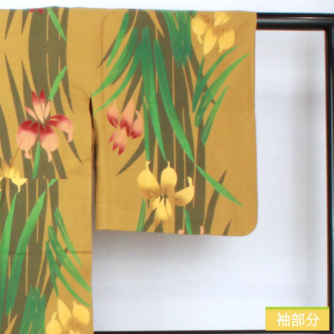Cotton Yukata, Length 153.5cm, Sleeve Length 67cm, Rank A, Single Layer, Yellow, Magnolia, Iris Design, Product Number: 1118005803223