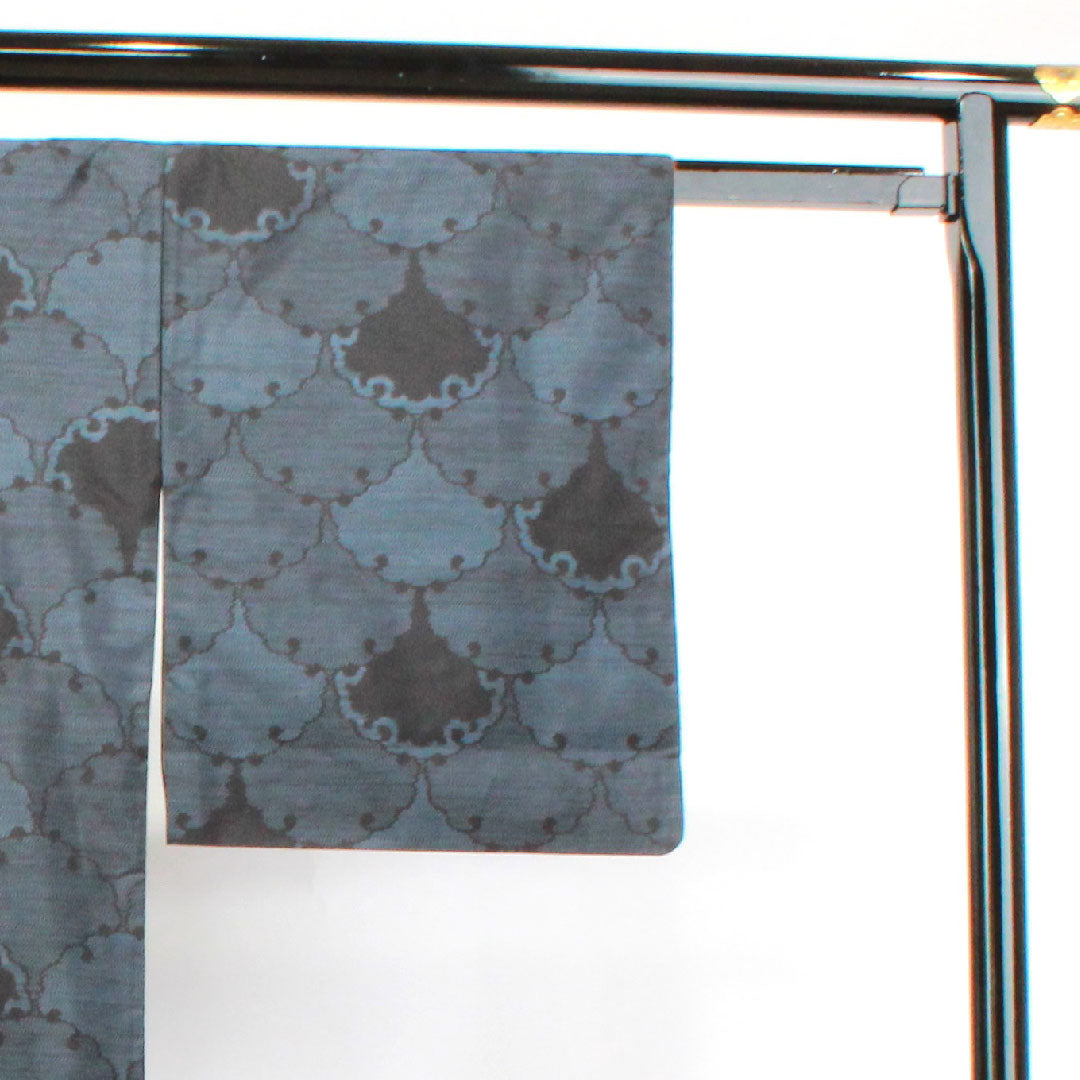 Oshima Tsumugi, Length 160.5cm, Sleeve length 63.5cm, Weft Kasuri, Yukiwa, Pure Silk, A Rank, Awase, Navy Blue, 1116002823418
