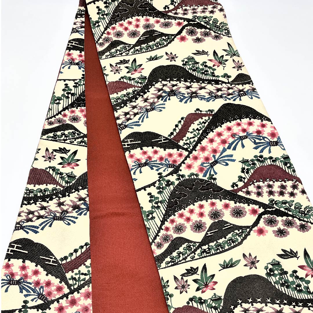袋帯 生成り色（きなりいろ） 遠山 桜 紅葉 帯丈452cm 正絹 Aランク 全通 カジュアル クリーム系 1123005373415