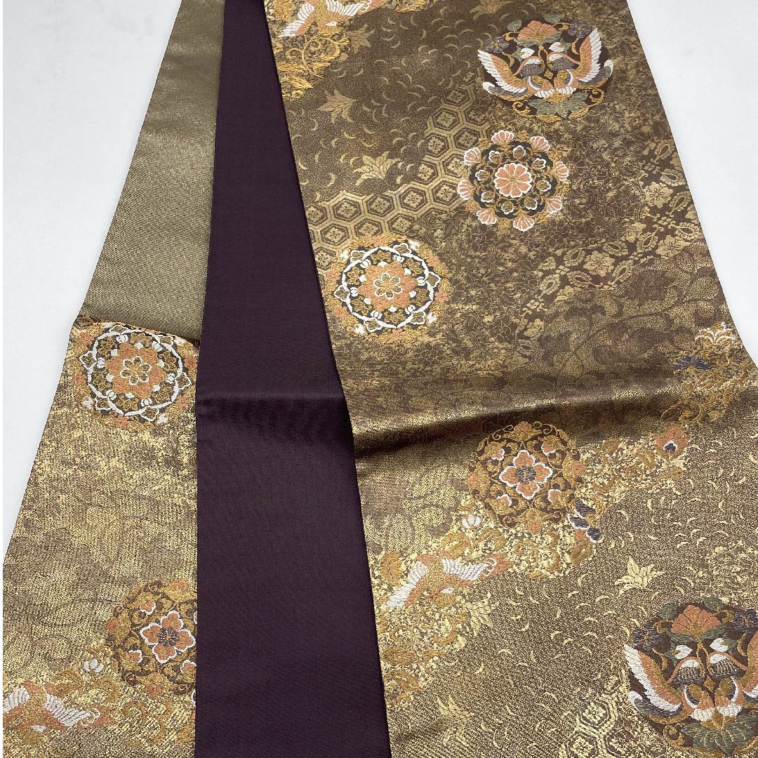 Fukuro Obi Gold Hosohana Flower Arabesque Phoenix Obi Length 428cm Pure Silk A Rank Six-pass Formal Beige 1123007593325