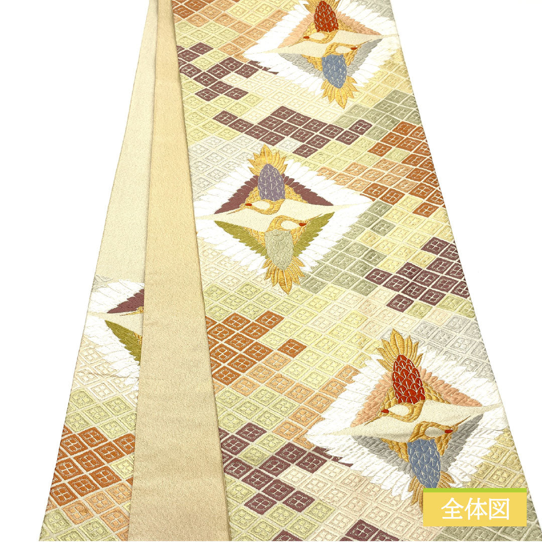 A-Rank Pure Silk Fukuro Obi (Sash) in Sobakiri (Soba-kiri Color) with Nishijin-ori (Karaori) Weave, Facing Cranes and Tortoise Shell Pattern, Length 434cm, Six-Pass, Formal, Beige, Product Number: 1123016063325