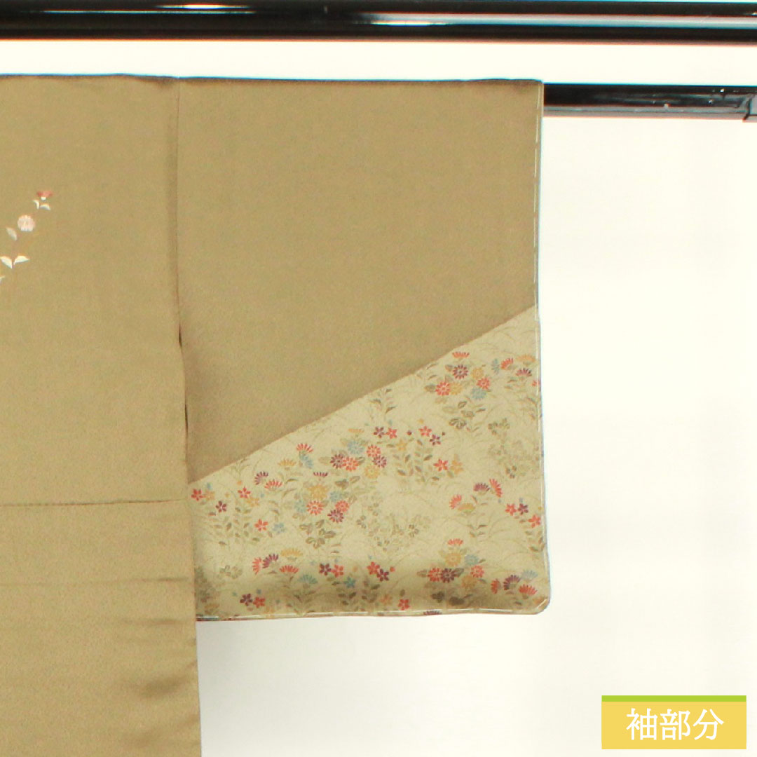 Homongi, pure silk, lined, length 154cm, sleeve length 63cm, kobi chairo (light brown), floral pattern, with basting thread, A rank, green, 1112004523219