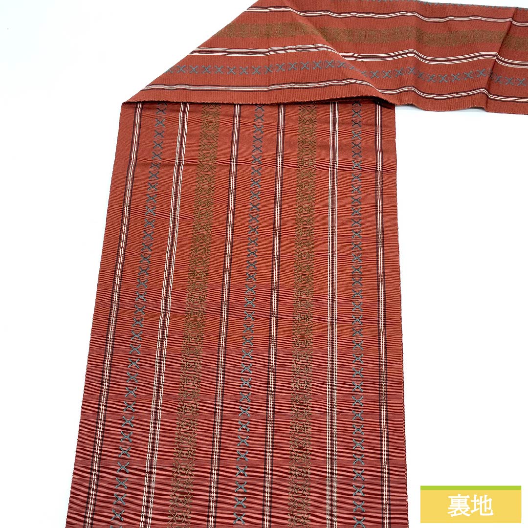 Nagoya obi, shrimp red, Hakata weave, Kenjo pattern, Hakata obi, obi length 363cm, pure silk, S rank, full length, casual, brown, 1124005832314, Nagoya style