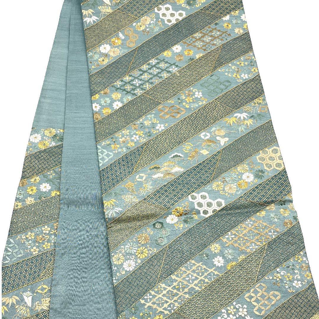 Fukuro obi (indigo brown) with embroidery, auspicious motifs, homaku (treasure scroll), flower arabesque pattern, obi length 430cm, pure silk, S rank, six-pass, formal, green, 1123008142319