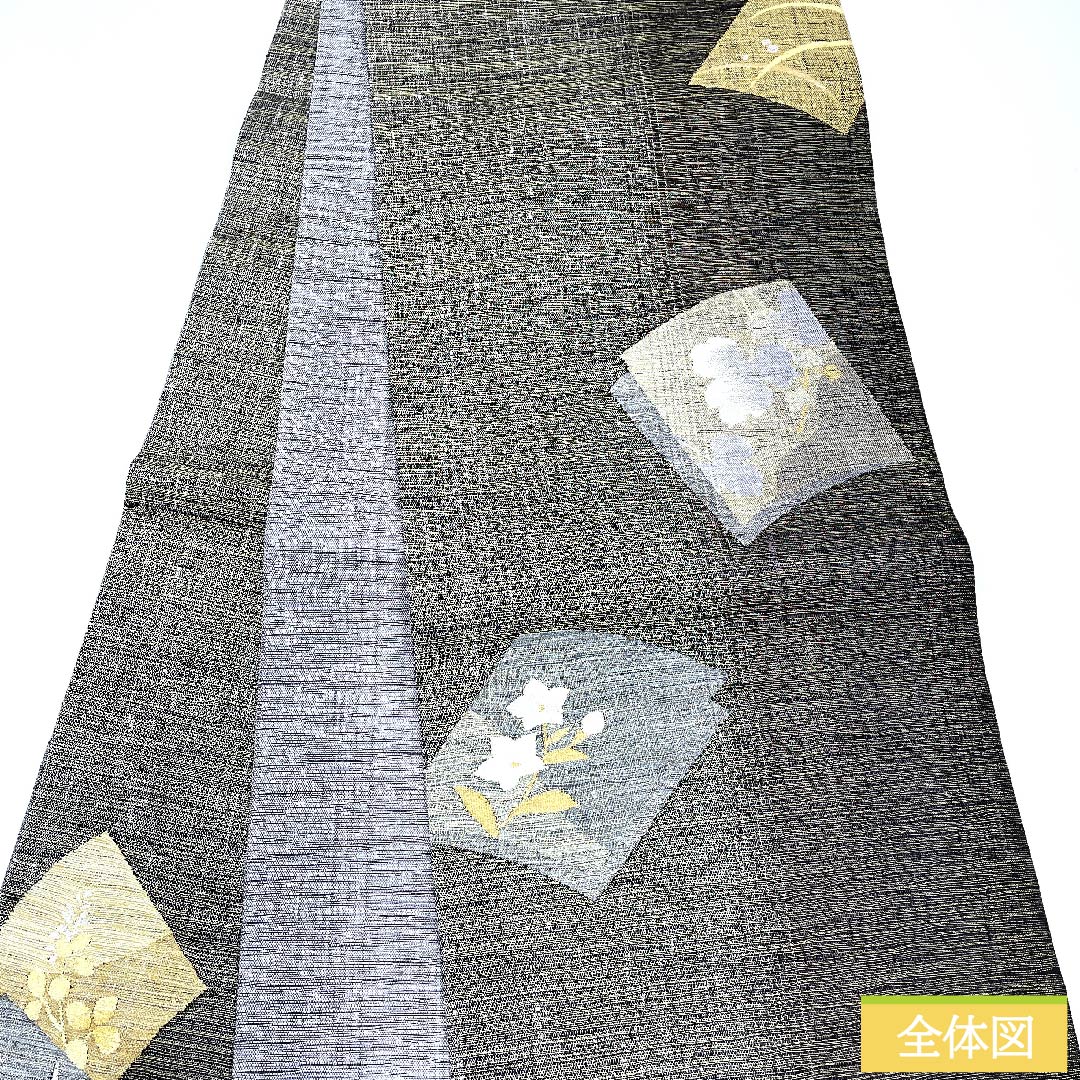 Fukuro Obi Black Tile Bellflower Dew Grass Marigold Obi Length 448cm Pure Silk S Rank Six-way Formal Black 1123010742310