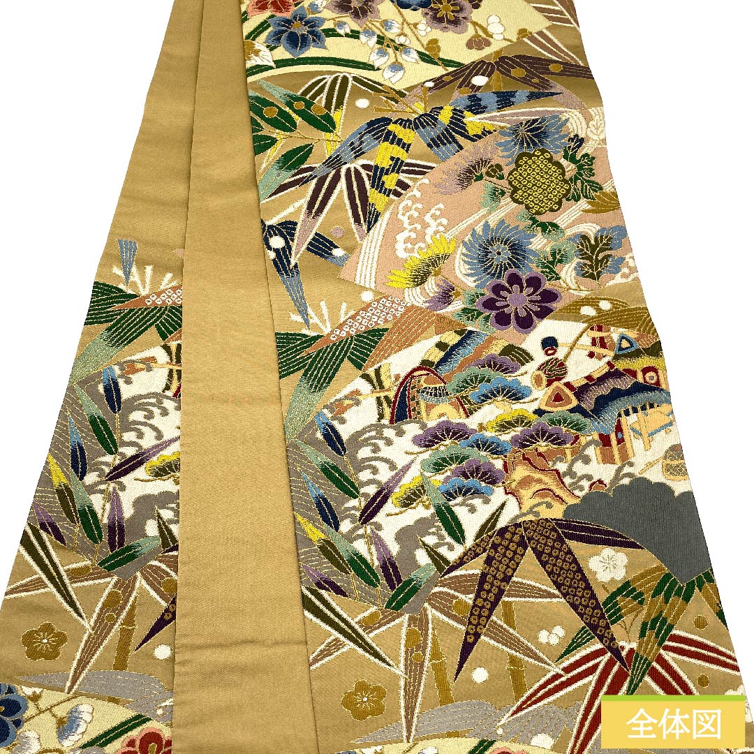 袋帯 胡桃色（くるみいろ） 白綾苑大庭 吉祥文様 松竹梅 帯丈418cm 正絹 Sランク 六通 フォーマル ベージュ系 1123010132325