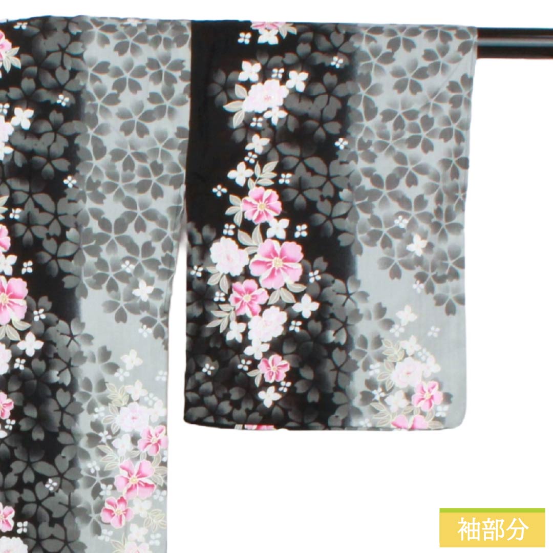 浴衣 木綿 Sランク 身丈165cm 裄丈66cm 黒色 ブルーグレー 桜 洋花 単衣 モノトーン 1118006922527