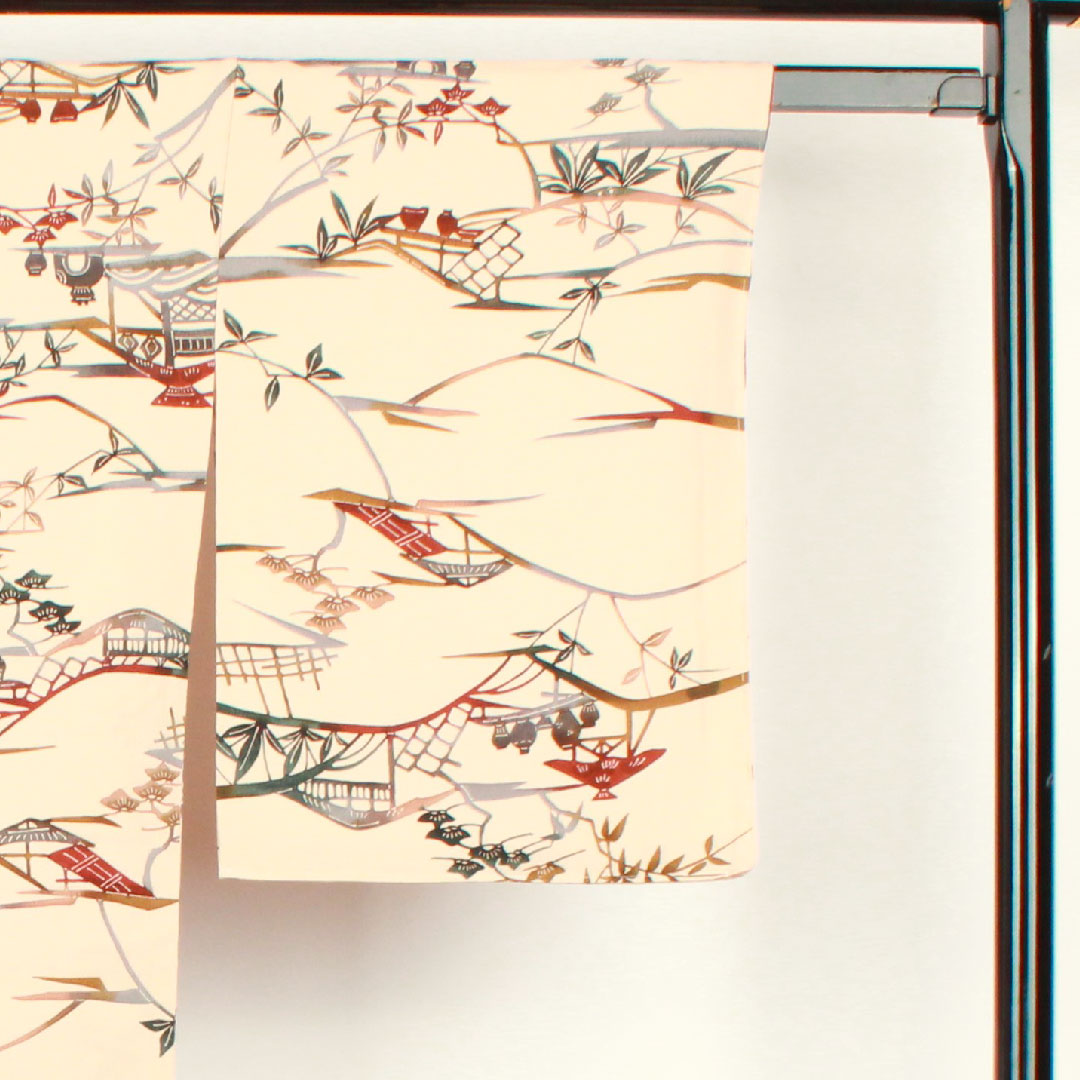 Komon, Length 165.5cm, Sleeve length 66cm, Awase, Washed persimmon color, Stencil dyeing, Landscape pattern, Pure silk, A rank, Pink 1115002093513