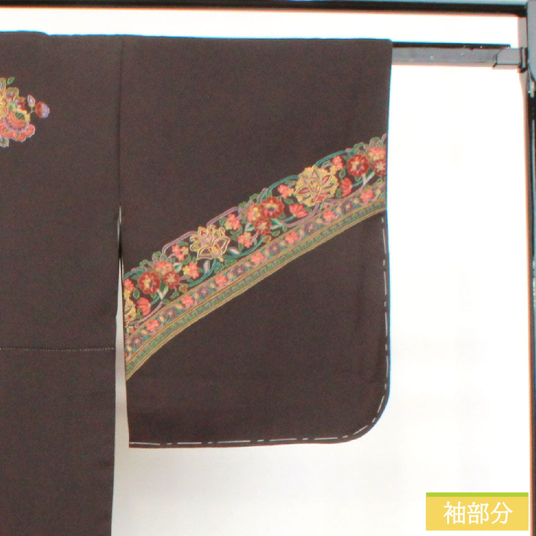 訪問着 正絹 袷 身丈167cm 裄丈67.5cm 蘇州刺繡 汕頭刺繡 しつけ糸付き 欧風文様 一つ紋 揚羽蝶 Sランク 茶系 1112003982514