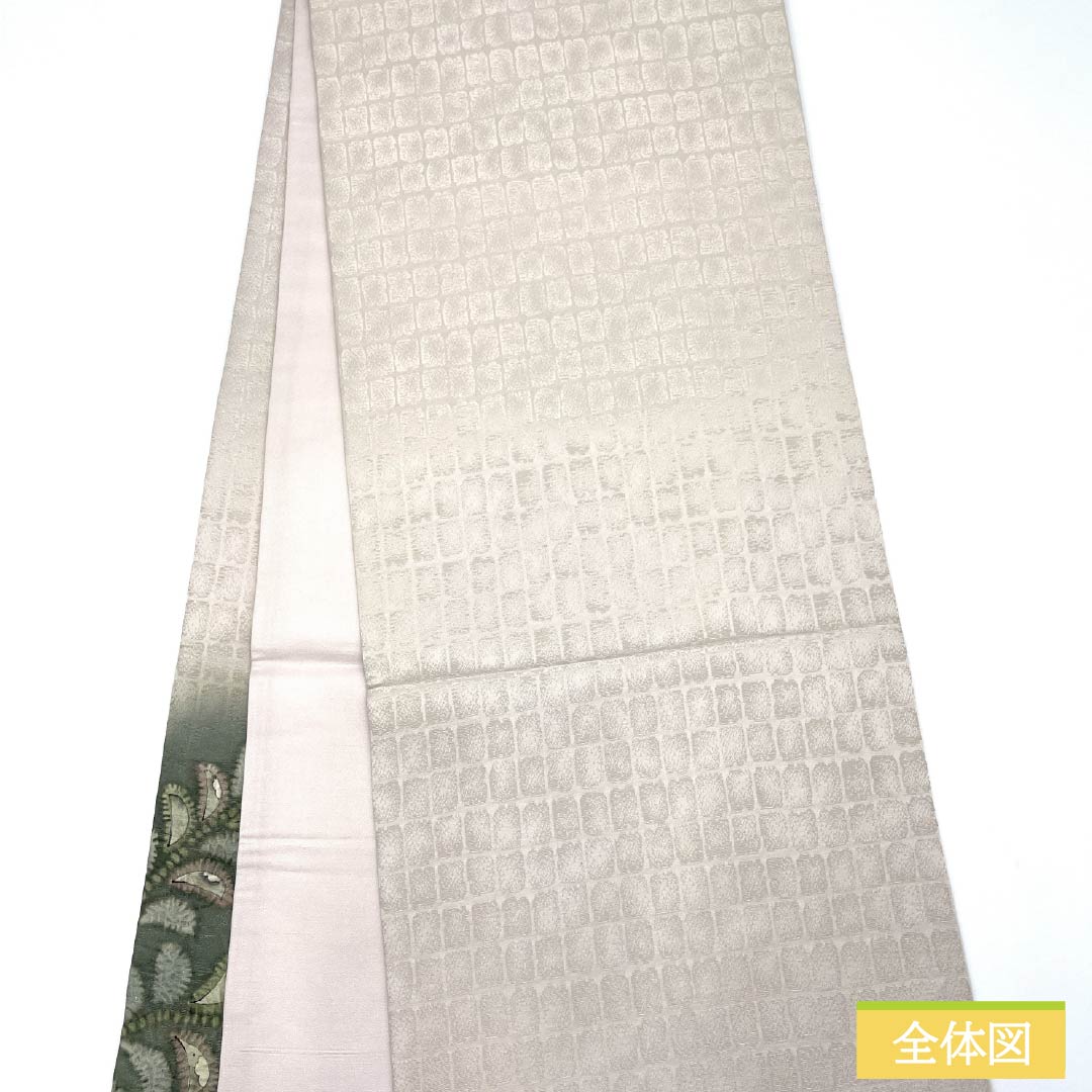 袋帯 正絹 青柳鼠色（あおやなぎねずいろ） 絞り 辻ヶ花 帯丈442cm Sランク ポイント柄 セミフォーマル 緑系 1123014842319