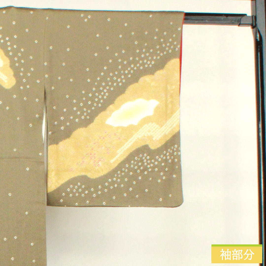 Homongi, pure silk, lined, length 162.5cm, sleeve length 66.5cm, sand color, embroidery, partial tie-dyeing, super bell guard, S rank, gray, 1112003632422