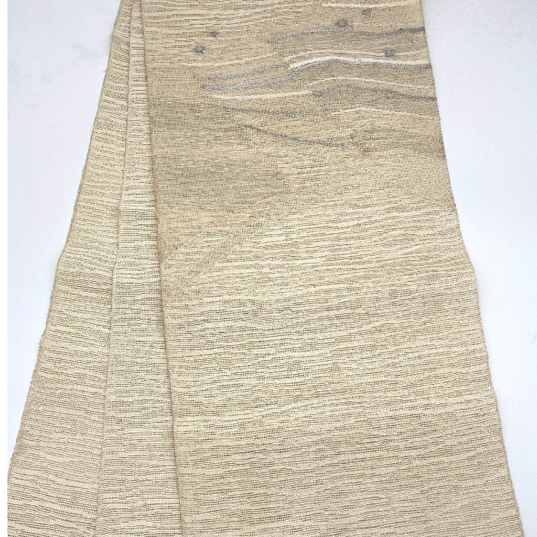 名古屋帯 東京白茶色 夏帯 紗 抽象模様 帯丈370cm 正絹 Aランク ポイント柄 カジュアル ベージュ系 1124004273325  開き仕立て