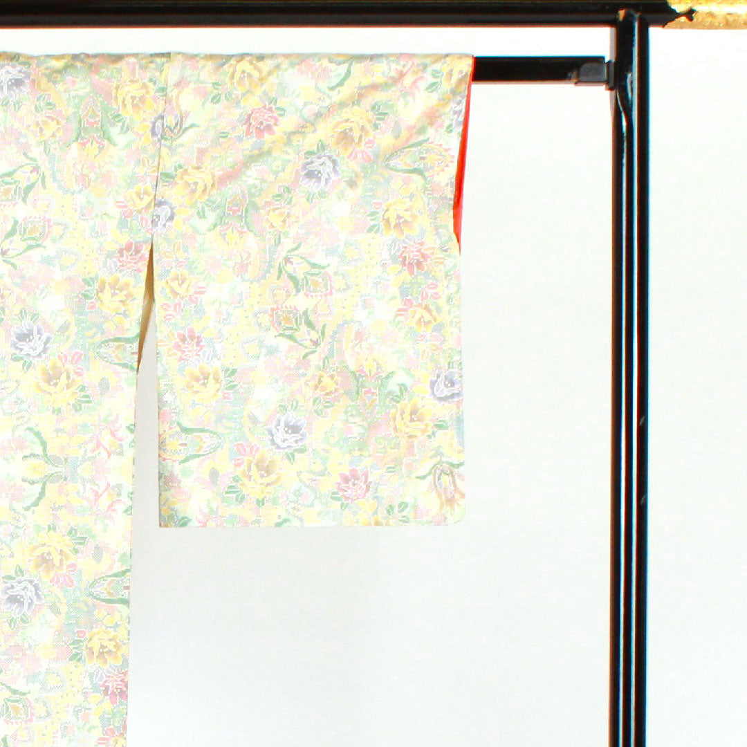 Oshima Tsumugi, Length 162.5cm, Sleeve length 63.5cm, Floral pattern, Pure silk, B rank, Lined, White, 1116001514411