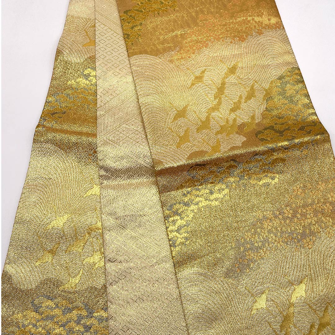Fukuro Obi Gold Saga Nishiki Cherry Blossom Crane Length 450cm Pure Silk A Rank Six-way Formal Gold 1123006063321